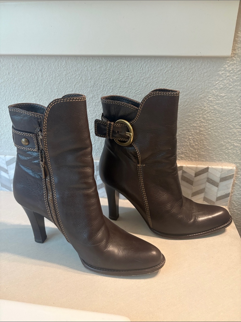 Coach Nancie Dark Brown Leather Heeled Ankle Boots with Buckle